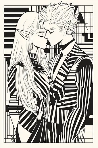 Midjourney generated image using SREF code Prismatic Pulse: A black and white drawing of a man and a woman kissing.