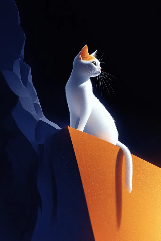 Midjourney generated image using SREF code Luminous Embrace: A white cat sitting on top of a cliff.