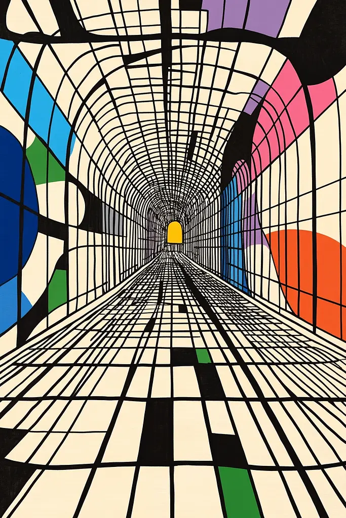 Midjourney generated image using SREF code Prismatic Pulse: A painting of a tunnel with a light at the end.