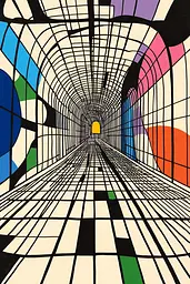 Midjourney generated image using SREF code Prismatic Pulse: A painting of a tunnel with a light at the end.