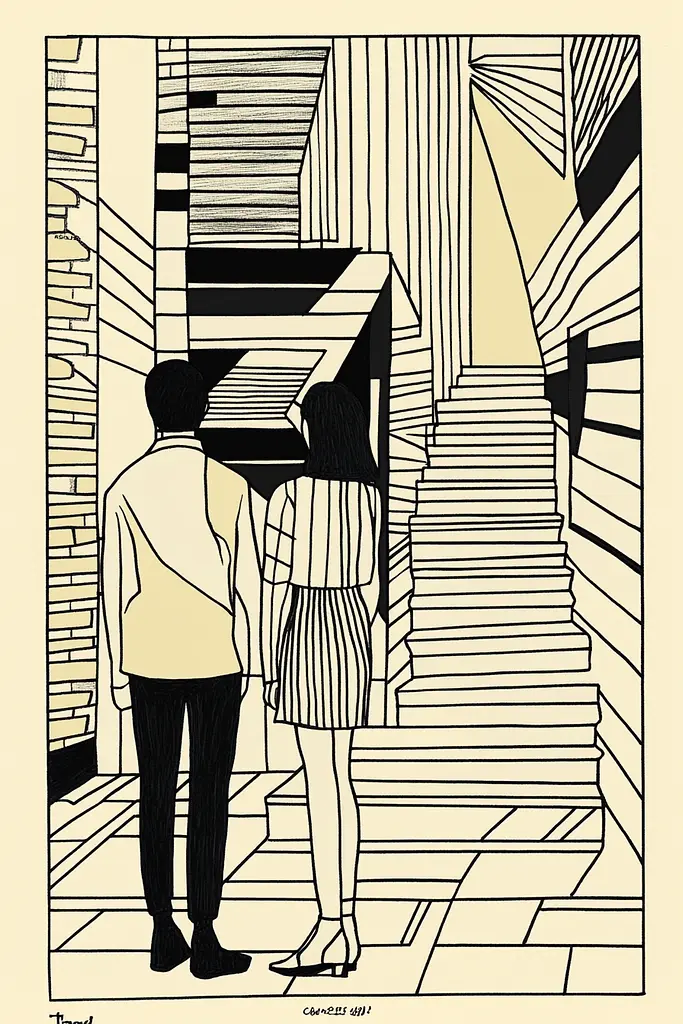 Midjourney generated image using SREF code Prismatic Pulse: A drawing of a man and a woman standing in front of a staircase.