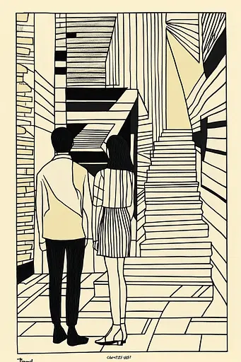 Midjourney generated image using SREF code Prismatic Pulse: A drawing of a man and a woman standing in front of a staircase.