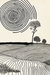 Midjourney generated image using SREF code Prismatic Pulse: A black and white drawing of a tree in the middle of a field.