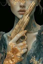 Midjourney generated image using SREF code Obsidian Goldscape: A woman holding a gun with gold paint on her face.