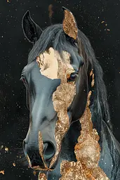 Midjourney generated image using SREF code Obsidian Goldscape: A black horse with gold paint on its face.