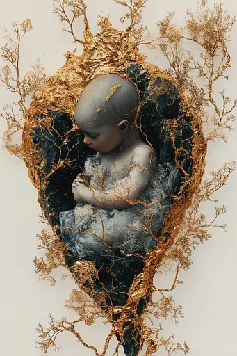 Midjourney generated image using SREF code Obsidian Goldscape: A sculpture of a baby wrapped in gold leaves.