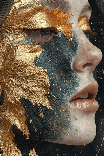 Midjourney generated image using SREF code Obsidian Goldscape: A woman with gold leaf makeup on her face.