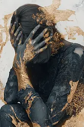 Midjourney generated image using SREF code Obsidian Goldscape: A woman covered in gold paint sitting on the ground.