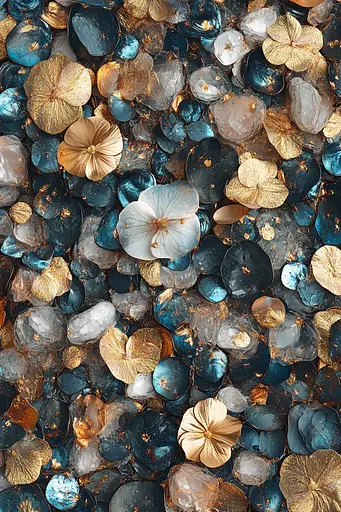 Midjourney generated image using SREF code Obsidian Goldscape: a close up of a bunch of blue and gold flowers