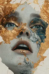 Midjourney generated image using SREF code Obsidian Goldscape: A woman's face with gold paint on her face.