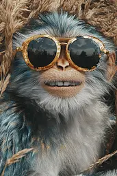 Midjourney generated image using SREF code Obsidian Goldscape: A monkey wearing sunglasses sitting in a field of tall grass.