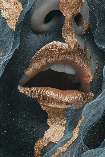 Midjourney generated image using SREF code Obsidian Goldscape: a close up of a woman's mouth with gold paint on it