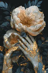 Midjourney generated image using SREF code Obsidian Goldscape: A woman's hands holding a white flower with gold leaves.