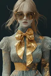 Midjourney generated image using SREF code Obsidian Goldscape: A woman in a dress and sunglasses with a gold bow.