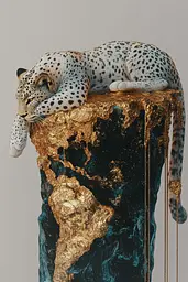 Midjourney generated image using SREF code Obsidian Goldscape: A leopard laying on top of a gold and blue marble pedestal.