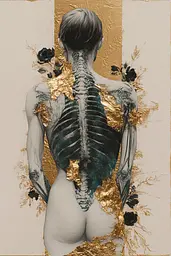 Midjourney generated image using SREF code Obsidian Goldscape: A drawing of a woman with a skeleton on her back.