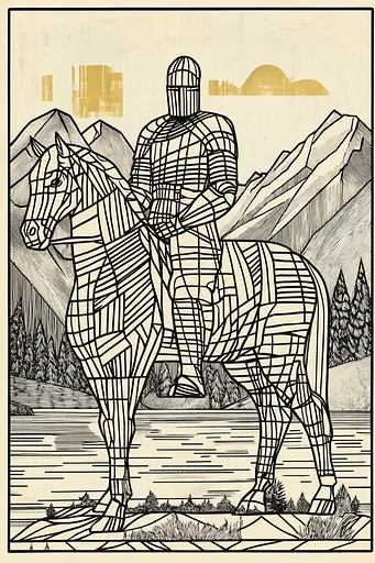 Midjourney generated image using SREF code Prismatic Pulse: A drawing of a knight on a horse in the mountains.