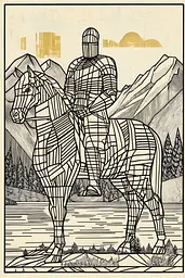 Midjourney generated image using SREF code Prismatic Pulse: A drawing of a knight on a horse in the mountains.