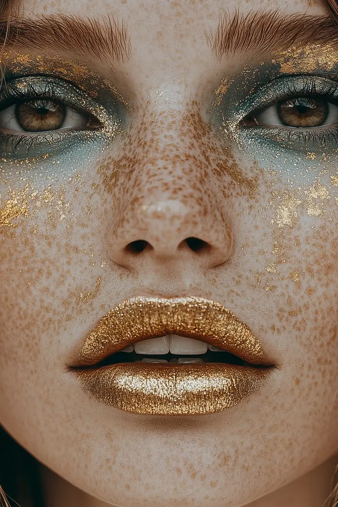 Midjourney generated image using SREF code Obsidian Goldscape: A woman with gold glitter on her face.