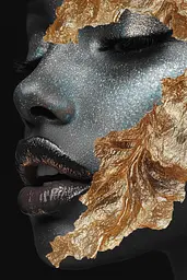 Midjourney generated image using SREF code Obsidian Goldscape: A woman with gold leaf on her face.