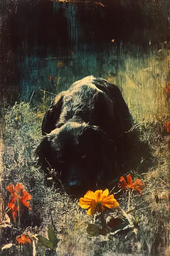 Midjourney generated image using SREF code Petals of Dusk: A black dog laying in a field of flowers.