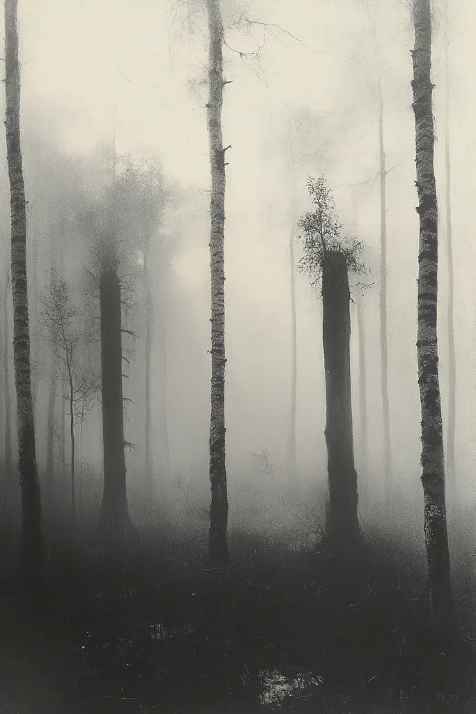 Midjourney generated image using SREF code Fogbound Aesthetics: A black and white photo of trees in a foggy forest.