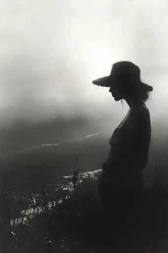 Midjourney generated image using SREF code Fogbound Aesthetics: A woman standing in a field with a hat on.