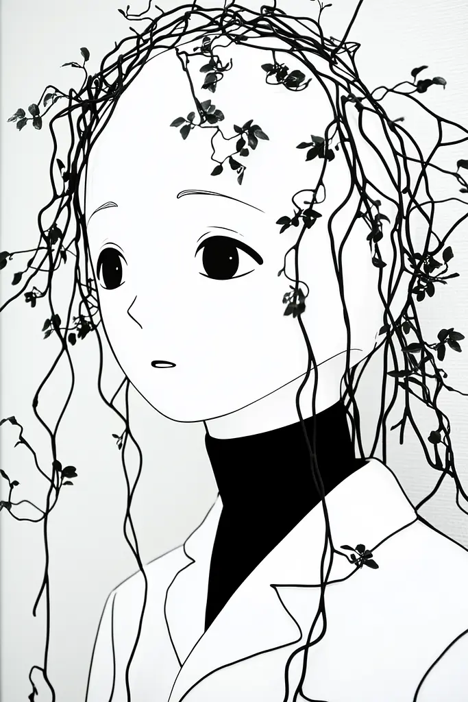 Midjourney generated image using SREF code Skullquill: A black and white drawing of a girl with vines on her head.