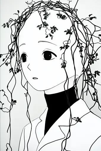 Midjourney generated image using SREF code Skullquill: A black and white drawing of a girl with vines on her head.