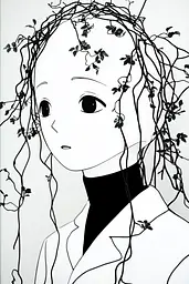 Midjourney generated image using SREF code Skullquill: A black and white drawing of a girl with vines on her head.