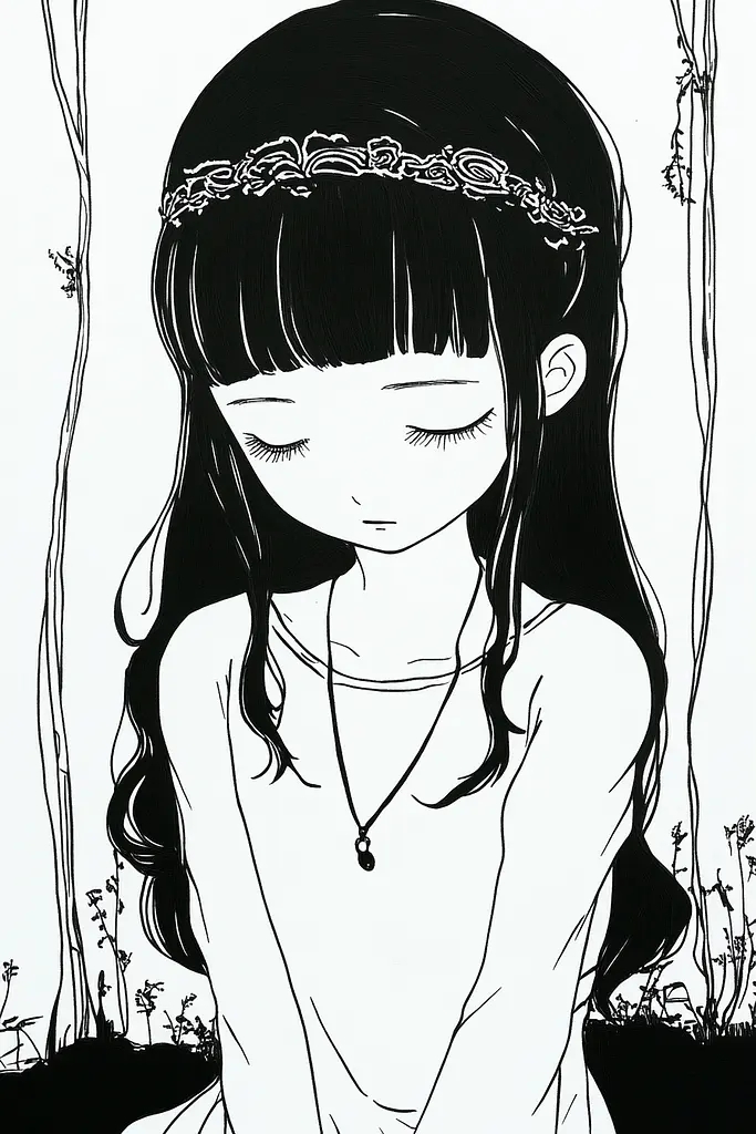 Midjourney generated image using SREF code Skullquill: A black and white drawing of a girl with long hair.
