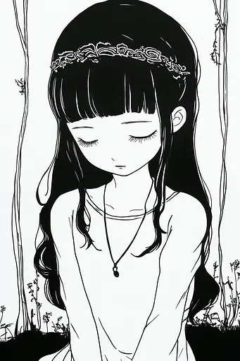 Midjourney generated image using SREF code Skullquill: A black and white drawing of a girl with long hair.
