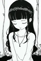 Midjourney generated image using SREF code Skullquill: A black and white drawing of a girl with long hair.