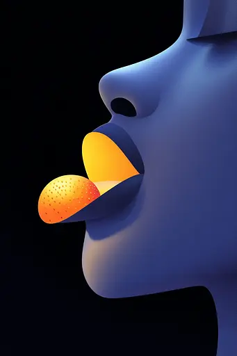 Midjourney generated image using SREF code Luminous Embrace: A close up of a person's mouth with an orange in it.