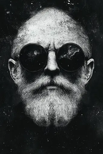 Midjourney generated image using SREF code Monochrome Alchemy: A black and white photo of a man with a beard and sunglasses.