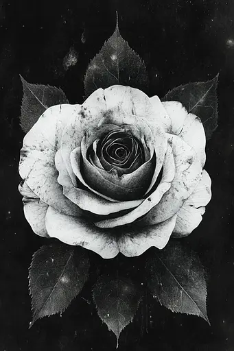 Midjourney generated image using SREF code Monochrome Alchemy: A black and white photo of a rose with leaves.