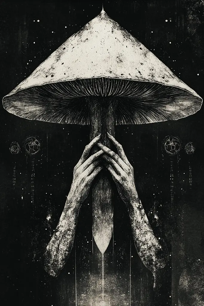 Midjourney generated image using SREF code Monochrome Alchemy: A black and white illustration of two hands holding a mushroom.