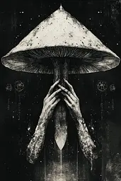 Midjourney generated image using SREF code Monochrome Alchemy: A black and white illustration of two hands holding a mushroom.