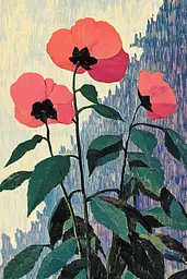 Midjourney generated image using SREF code Spectrum Serenade: A painting of three red poppies on a blue background.