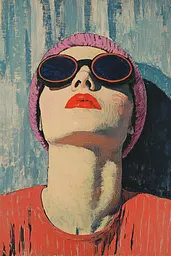 Midjourney generated image using SREF code Spectrum Serenade: A painting of a woman wearing a pink hat and sunglasses.