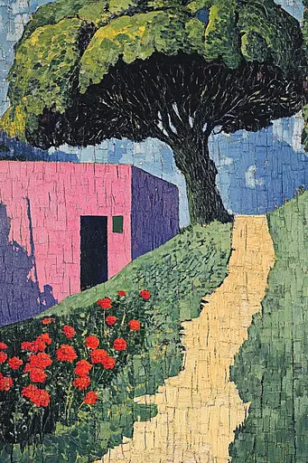 Midjourney generated image using SREF code Spectrum Serenade: A painting of a pink house with a tree in the background.