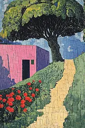 Midjourney generated image using SREF code Spectrum Serenade: A painting of a pink house with a tree in the background.