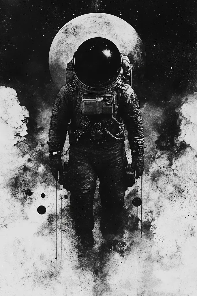 Midjourney generated image using SREF code Monochrome Alchemy: A black and white illustration of an astronaut walking in the moonlight.