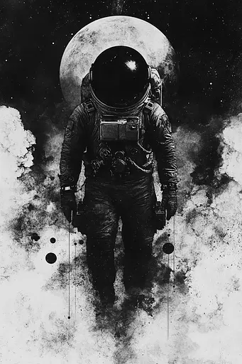 Midjourney generated image using SREF code Monochrome Alchemy: A black and white illustration of an astronaut walking in the moonlight.