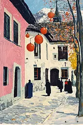 Midjourney generated image using SREF code Spectrum Serenade: A painting of people walking down a street with red lanterns.