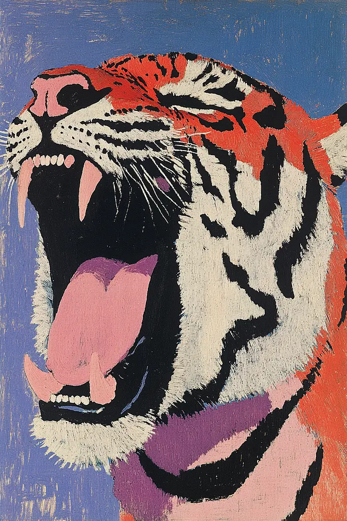 Midjourney generated image using SREF code Spectrum Serenade: A painting of a roaring tiger on a blue background.