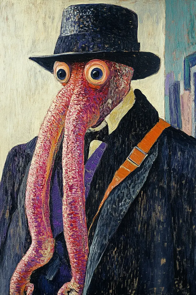 Midjourney generated image using SREF code Spectrum Serenade: A painting of an octopus wearing a suit and hat.