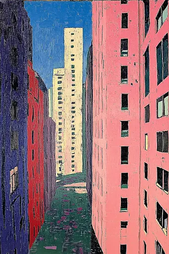 Midjourney generated image using SREF code Spectrum Serenade: A painting of a city street with tall buildings.