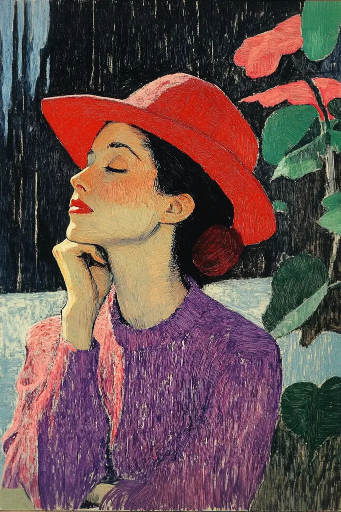 Midjourney generated image using SREF code Spectrum Serenade: A painting of a woman wearing a red hat.