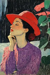 Midjourney generated image using SREF code Spectrum Serenade: A painting of a woman wearing a red hat.